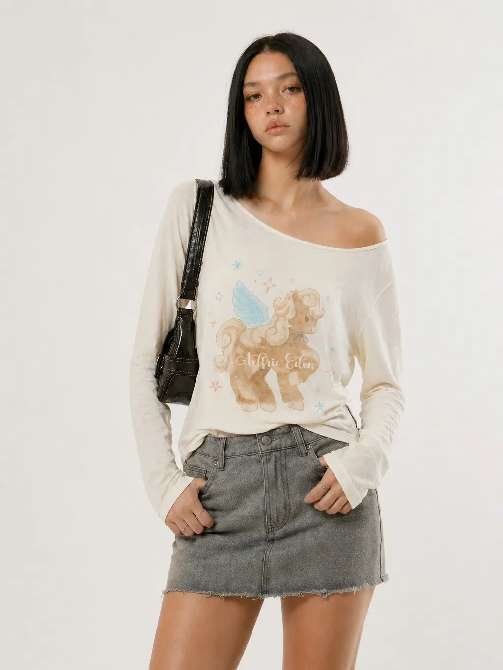 Aelfric Eden Angel Pony Long Sleeve Tee Asymmetrical Neckline Angel Pony Graphic Soft Lightweight Knit Fabric Y2K Cute Casual Streetwear Women Top,clothes for back to school,first day of school outfits