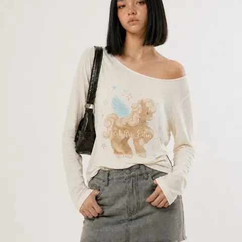 Aelfric Eden Women's Angel Pony Slim Long Sleeve Tee - Asymmetrical Neckline, Graphic Print, Soft Lightweight Knit, 2000s Y2K Cute Tops, Trending Clothing for Back to School