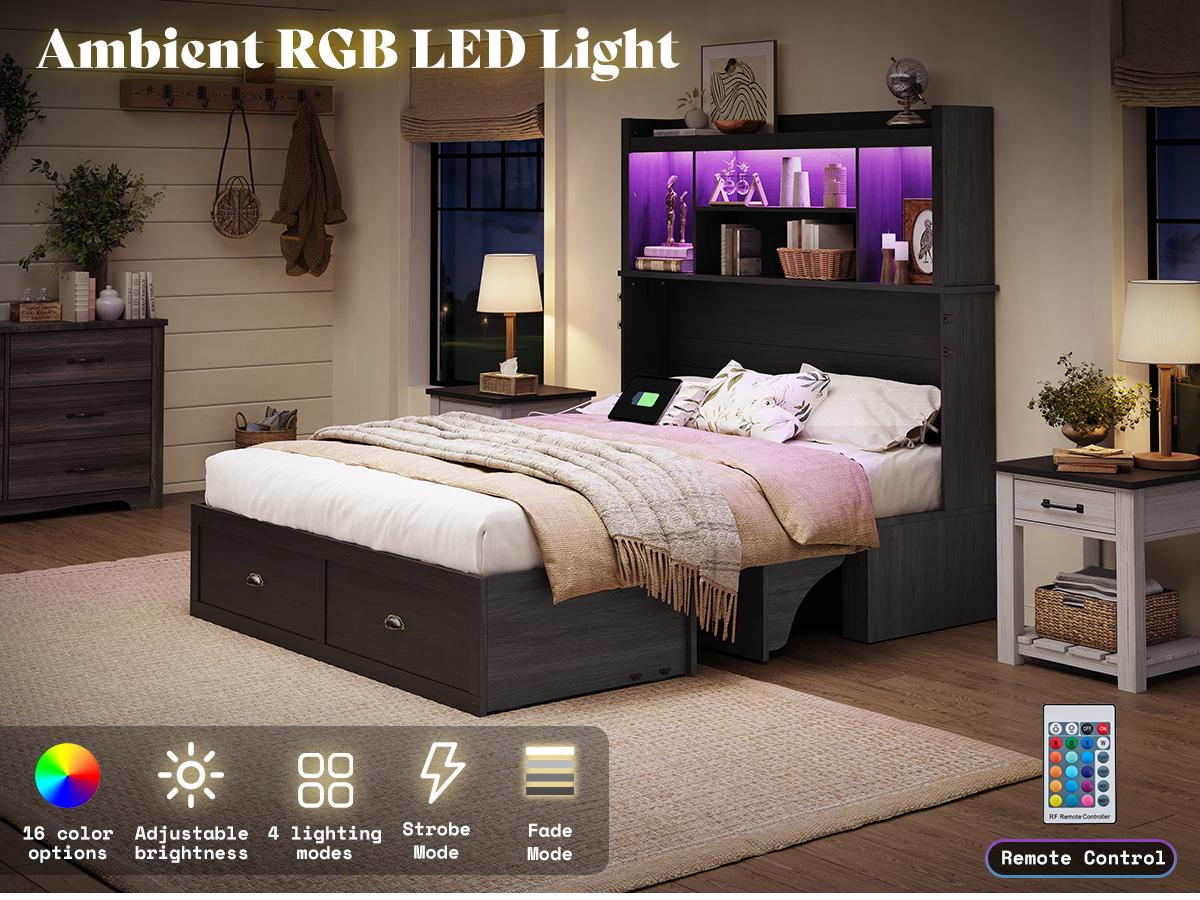 [Mattress NOT Included] [Ship in 2 Boxes] AMERLIFE Murphy Bed with Bookcase Headboard & LED Light, Farmhouse Cabinet Bed with Storage Drawer, Charging Station and Desk for Home Office/Guest Room/Small Spaces