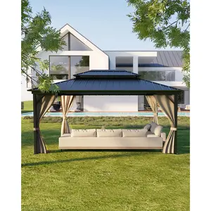Hardtop Gazebo 12 ft x16 ft for All Weather, with Double Metal Roof, Aluminum Alloy Frame, Net, and Curtain, Permanent Building for Patio, Deck, Backyard, Lawn, and Garden, Khaki