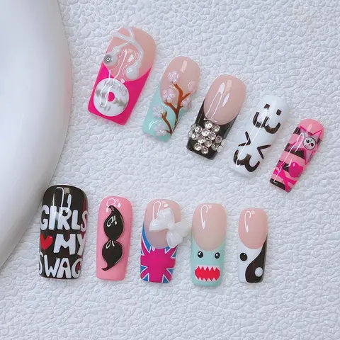 10PCS/Set Y2K Press-On Nails, Pink, Hand-Drawn Flowers Design, Square Nails, DIY Nail Art, Floral Press On Nails