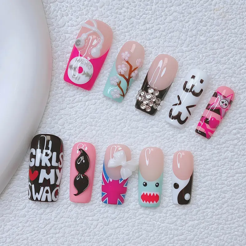 10PCS/Set Y2K Press-On Nails, Pink, Hand-Drawn Flowers Design, Square Nails, DIY Nail Art, Floral Press On Nails