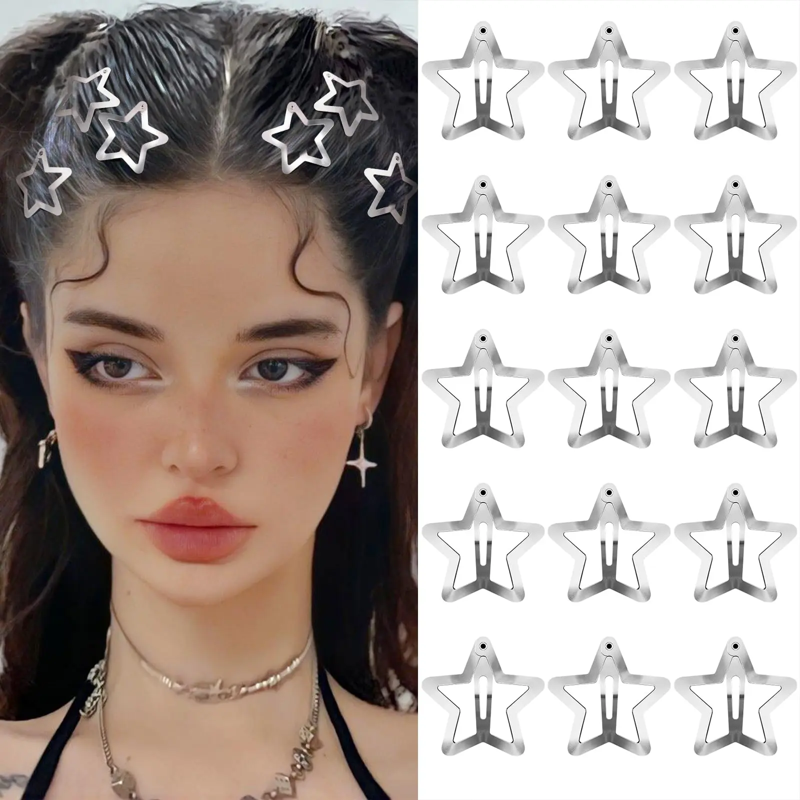 Star Hair Clips 2000s Y2K Snap Hair Barrettes Non Slip Star Hair Accessories Silver Metal Hair Clips for Girls Women -15 PCS 1.57" | Snap Hair Barrettes Non Slip Star Metal Hair Clips for Girls Women