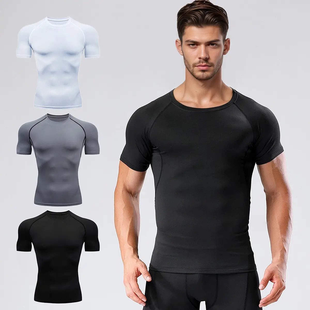 Men's Short Sleeve Crew Neck Spandex Compression Shirt - Quick Dry, Breathable, Slim-Fit Athletic Base Layer - Machine Washable for Fitness, Soccer Training - Ideal for Fathers Day (Asian L=US M), Elastane, Plain, Synthetic, Casual