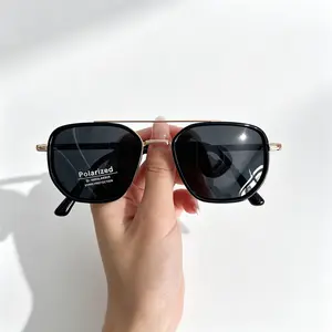 Unisex Double Bridge Square Polarized Sunglasses, Black Acetate-Gold Metal Frame, Anti-Glare UV400 Shades for Driving, Fishing