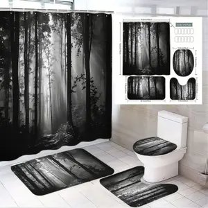 1/4pcs Black & White Forest Themed Bathroom Set, Shower Curtain Sets, Removable Shower Curtain, Misty Trees Shower Curtain with Toilet Seat Cover & 2 Bath Mats, Nature-Inspired Bathroom Accessories for Cozy Ambiance - Perfect for Autumn Decor
