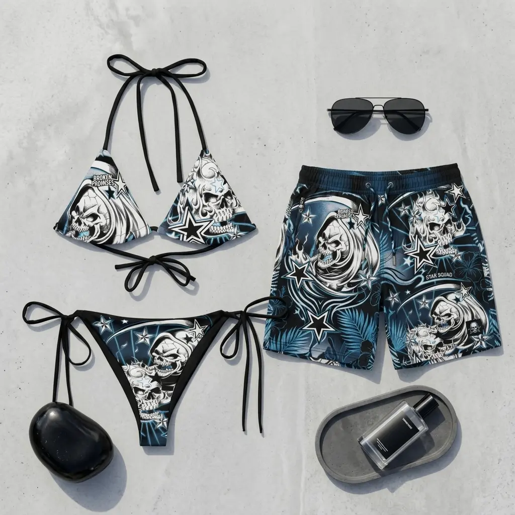 Matching Couple Nautical Skull Bikini Set –  Gothic Bikini & Swim Trunks, Alternative Aesthetic Beachwear, Summer Vacation Matching Couple Outfit