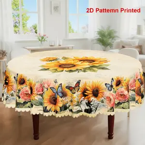 1pc, Spring Summer Themed Party Tablecloth, Butterfly Sunflower Floral Printed Design, Rectangular/Round/Oval Table Cloth, Embossed Edge, Suitable For Picnic Dinner Kitchen Dining Room Decoration