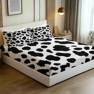3Pcs Cow Print Fitted Sheet Set, Classic Black and White Bedding Set, Includes 2 Pillowcases Without Inserts,Machine Washable, Easy To Care for and Retains Its Shape, Perfect for Children'S Bedroom Decor.