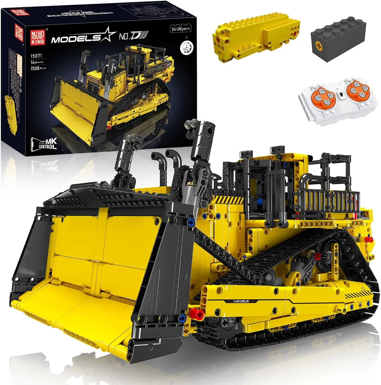 Mould King Remote Control Bulldozer Building Toy Model Kit - ABS Plastic, 12+ Years, Realistic Construction Vehicle Set with Motors, APP-Controlled Boom Lift for Adults