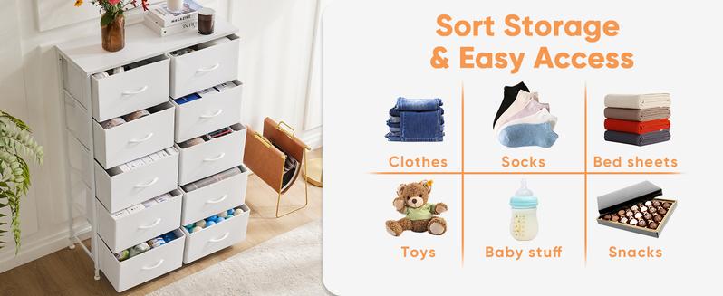 【Deal】Cupboards Cabinets Dresser - Fabric Storage Tower with 10 Drawers, Bedroom Organizer, Chest of Drawers with Fabric Bins