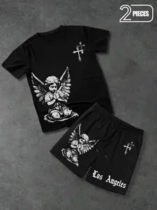 Dark Retro Suit Set, Angel Print, and Contrast, Short Sleeve and Shorts, Summer Fashion, Casual Style, Subculture Lovers