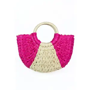 Small Two-Toned Raffia Handbag w/ Circle Handles & Strap