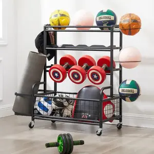 4-Tier Metal Storage Rack with Wheels For Yoga Mat, Weights & Ball Storage