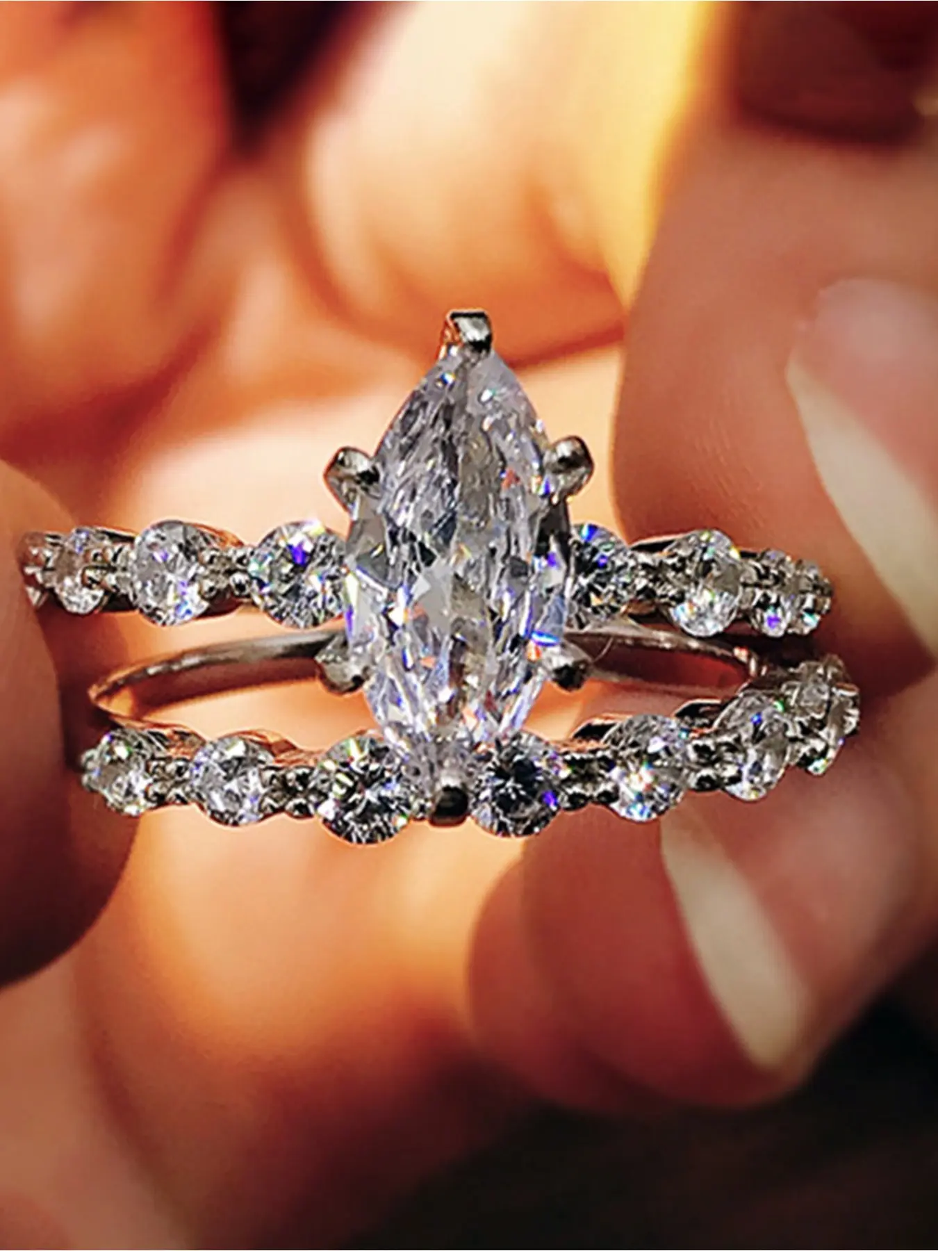 2 PC/Set Shiny Marquise Cubic Zirconia Rings, Beautiful Rings, Solitaire Engagement Rings for Women Jewelry for Wedding Engagement Promise Ring Anniversary Birthday Valentine's Day Gift for Girlfriend