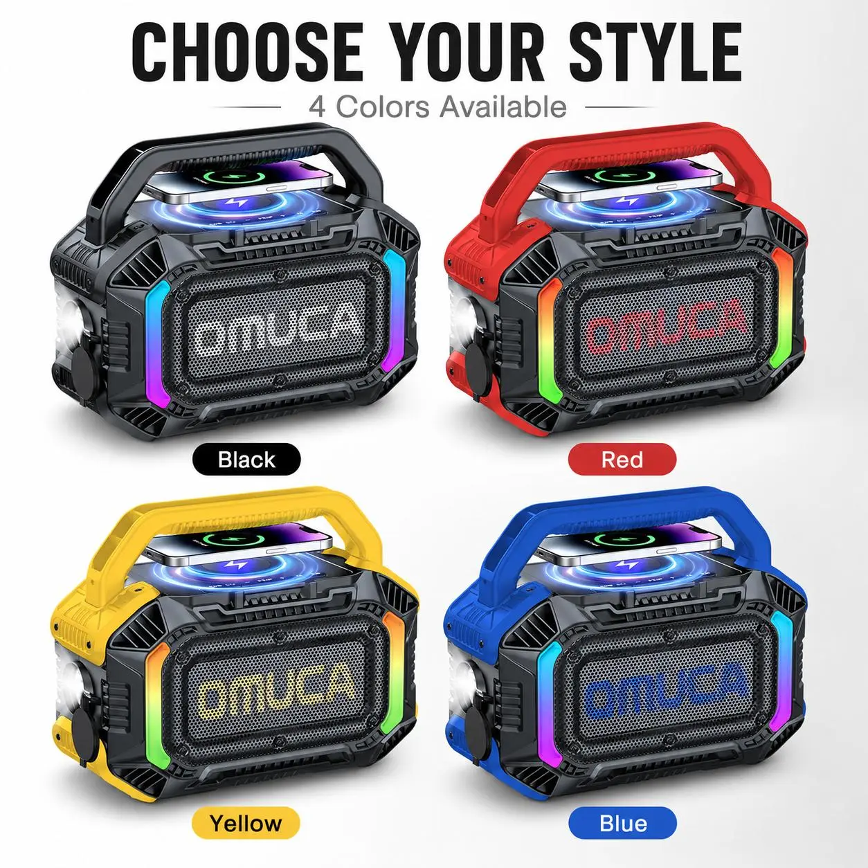 OMUCA Portable Wireless Outdoor Bluetooth Speakers - 100W Powerful Stereo Audio, 20H Playtime, TWS Pairing, IPX7 Waterproof, Colorful RGB Lights, Fast USB-C Charging, Built-in Flashlight, Stable Connection, for Camping, Parties（two size）,