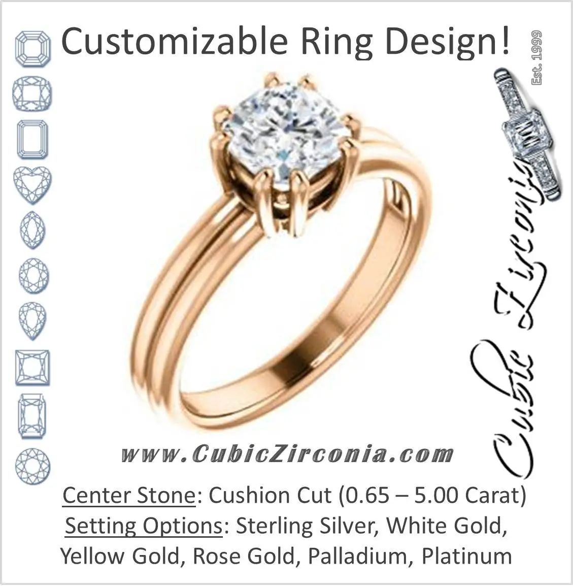 Cubic Zirconia Engagement Ring- The Marnie (Customizable Cushion Cut Solitaire with Grooved Band)