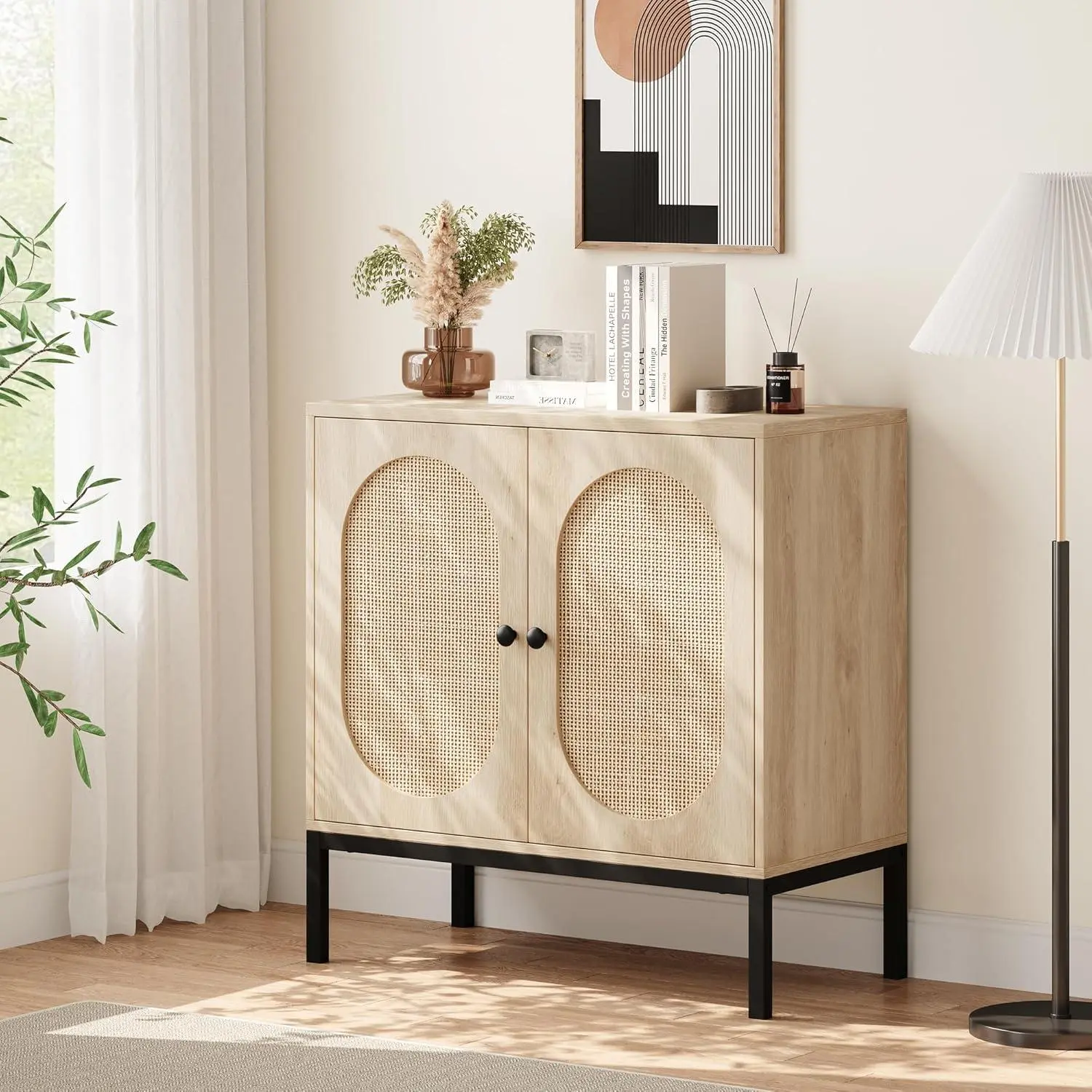Rattan Storage Sideboard Kitchen Cabinet with 2 Doors, Modern Storage Unit for Living Room Kitchen and Office, 80x40x83cm