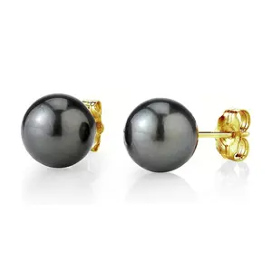 THE PEARL SOURCE 9-10mm Tahitian Real Pearl Earrings for Women - Black 14k Gold Stud Earrings | Hypoallergenic Earrings with Genuine Cultured Pearls