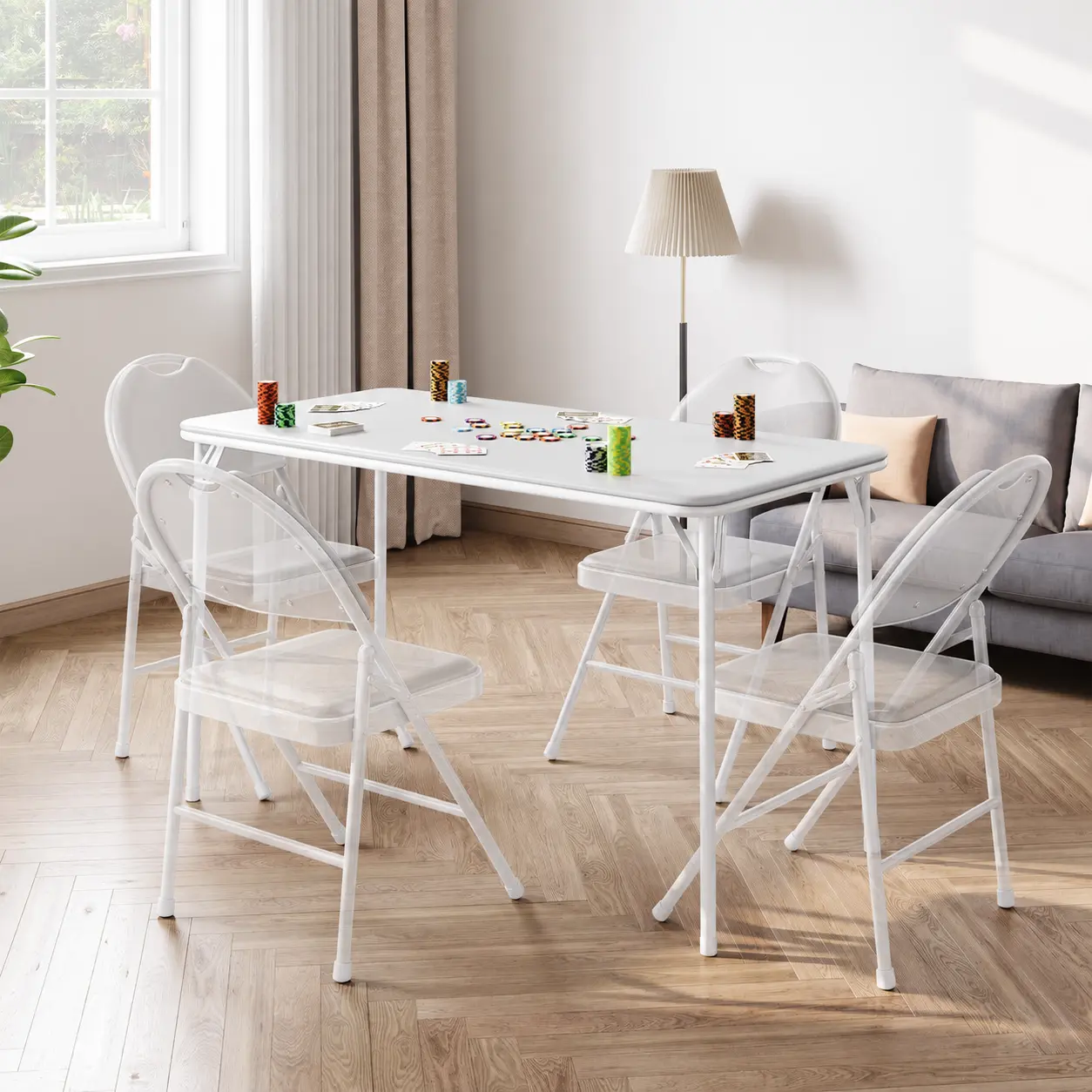 Portable Folding Card Rectangle Table with Sturdy Metal Frame, PU Leather Upholstered Foldable Table, for Dining Room, Living Room, Camping, Gray (Only the table)