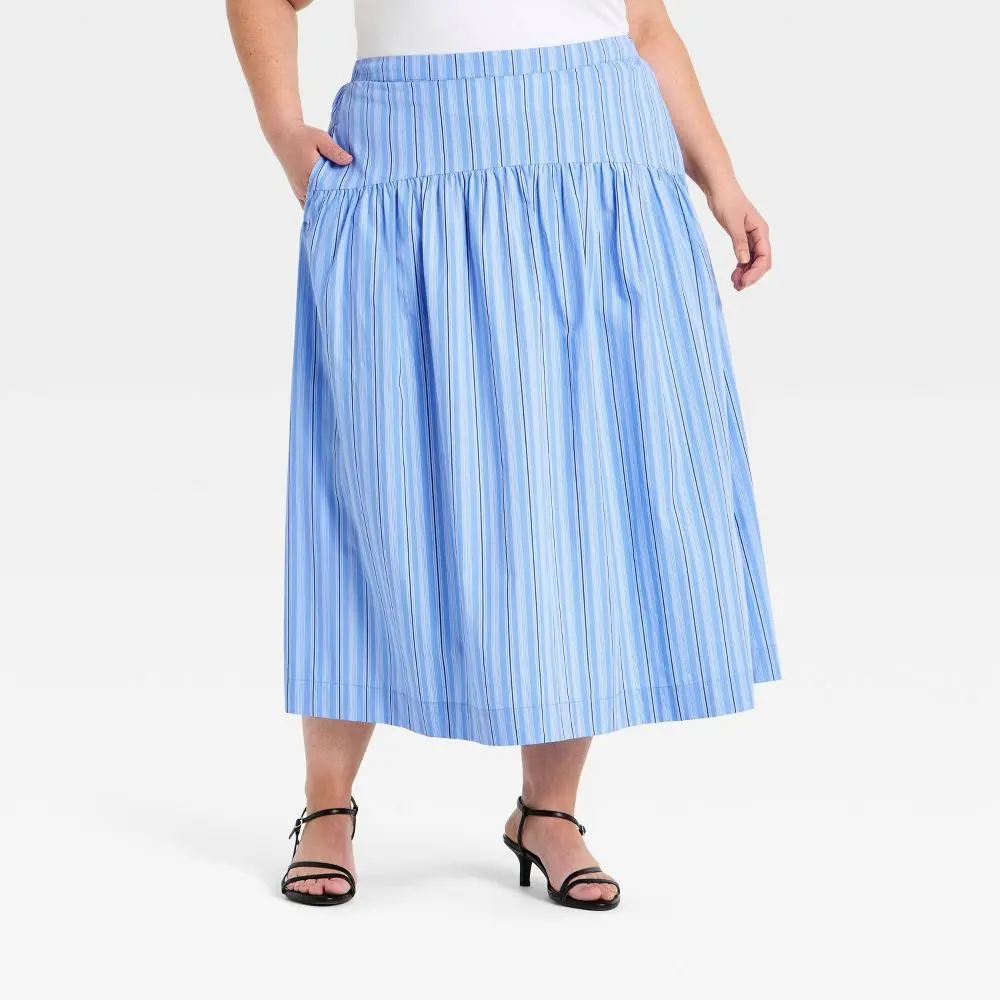 A New Day Women's Low Rise Poplin Drop-Waist Midi Skirt - Blue Striped