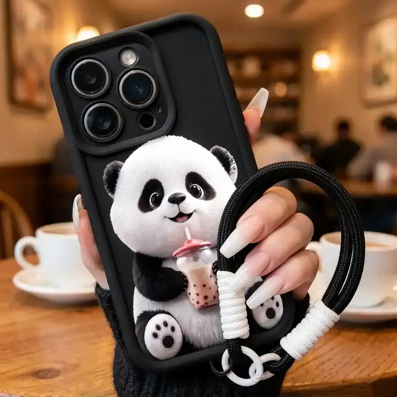 Silicone Soft Protective Phone Case with Wrist Strap for iPhone 16 Pro Max,15 Plus,14,13 Mini,12,11,X,XR,XS - Creative Panda Pattern, Shockproof Drop-Proof Anti-Scratch, Women's Mobile Phone Accessories Soft Cover Gift