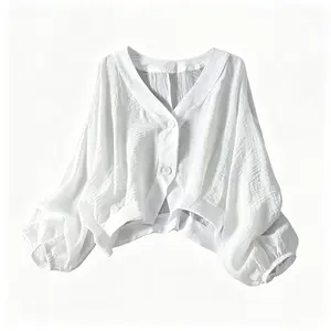 Lightweight Sheer White Crop Sun Jacket for Women, Loose Puff Sleeve V Neck Button Down UV Protection Cover Up for Travel Beach Daily Wear