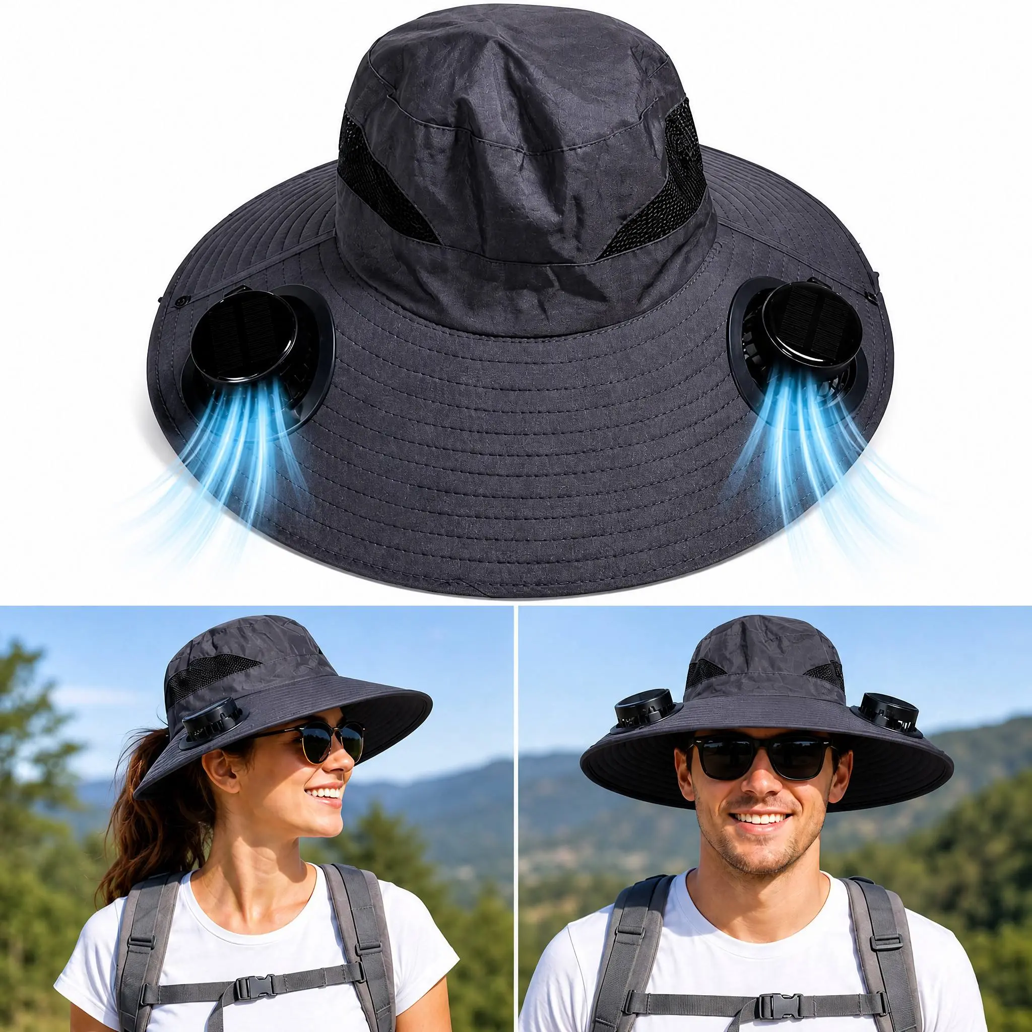 Rechargeable UPF 50+ Cooling Solar-USB Dual Power Supply Hardhat with Dual Detachable Fan Blades, 3-Speed Smart Control Chip, USB-C Charging, Wide Brim, Adjustable Drawstring for Golf, Biking, Gardening