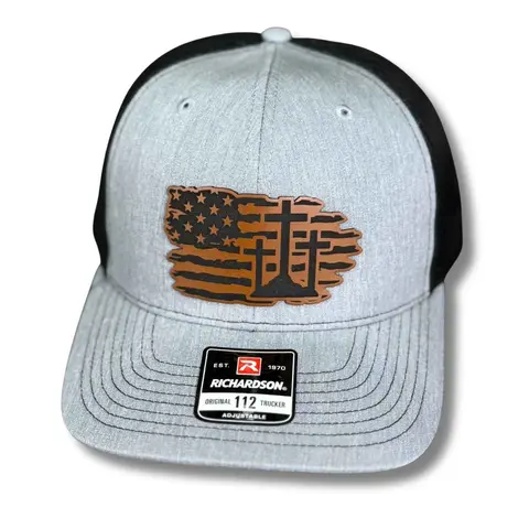 American Flag & Crosses Patch Hats - All American Bold Style Cap - Custom Laser Engraved Trucker Hat with Flag & Cross Patch, Fitted Caps, Ponytail/Mossy Oak Designs, Lake Use, Breathable Mesh, Snapfit Adjust Strap (American Casual Faith & Freedom)