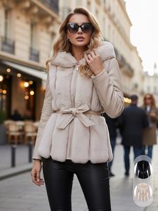women's faux fur coat, short elegant hooded jacket with belt & pockets, warm winter outerwear, ideal for commuting & dates