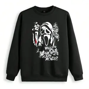 Ghostface What’s Your Favorite Scary Movie Sweatshirt, Scream Horror Knife Graphic Crewneck, Slasher Film Grunge Pullover for Halloween Fans, Black Cotton-Poly Blend