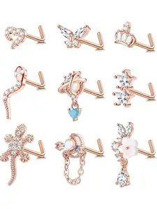 9 Pcs 20G Nose Rings Studs Gold Nose Ring L Shaped for Women Cubic Zirconia Dangle Nose Rings Butterfly Heart Star Flower Silver Nose Stud Piercing Jewelry