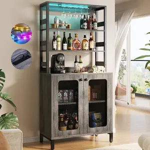 Bar Cabinet with Power Outlets, 67" Tall Wine Bar Cabinet Liquor Cabinet with LED Lights , Coffee Bar Station for Living Room Shelf Utensils