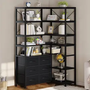 Sikaic 7-Tier Industrial Convertible Bookshelf with 6 Fabric Drawers Black Bookcase Multipurpose Bookcase For Collectibles