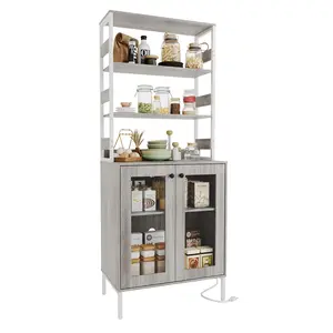 Garvee Multi-Functional Kitchen Pantry Cabinet with Power Outlets, LED Lights, 67" Tall Bakers Rack with Storage Shelves, Coffee Bar Hutch, Countertop, Glass Doors for Kitchen, Dining Room, Laundry, Hallway in Grey, Black, or Brown