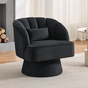 Ultra-Plush Swivel Accent Chair, 360° Barrel Lounge Chair with Padding & Modern Striped Backrest, Velvet Upholstered Round Armchair for Living,Black Office
