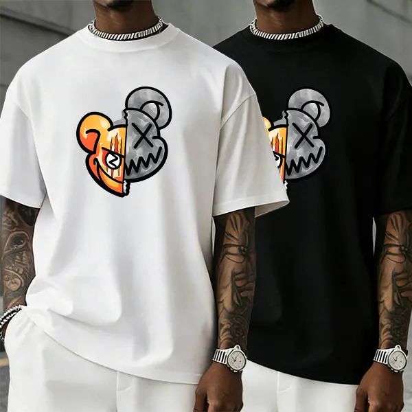 Men’s split double-sided cartoon rat graphic T-shirt with X eyes and flame pattern, made from 100% cotton. Men’s street-rebellious tee with a mysterious anti-establishment theme, Y2K ghost × street fusion. A great choice for budgets under $10. TikTok’s to