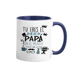 Spanish "Mejor Papa Del Mundo" Mug, "Top Dad" Trophy & Mustache Graphic 11oz Blue-Handle Ceramic Coffee Cup, Fathers Day Gift for Latino Dads