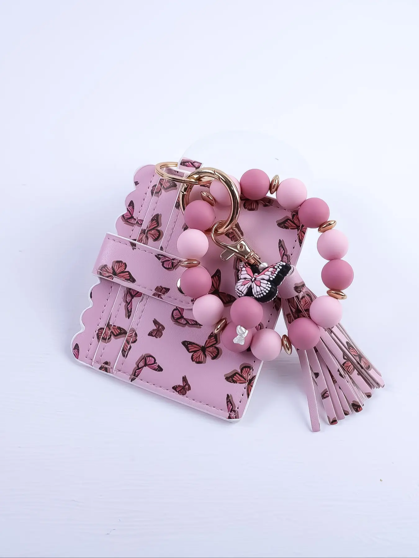 Mother's Day Gift Butterfly Keychain Card Holder, Colorful Beaded Bracelet with Tassel, Cute Gift for Friends Mom, Perfect Organizer Accessory, Keychain Wristlet Strap, Trendy Cute Keychain