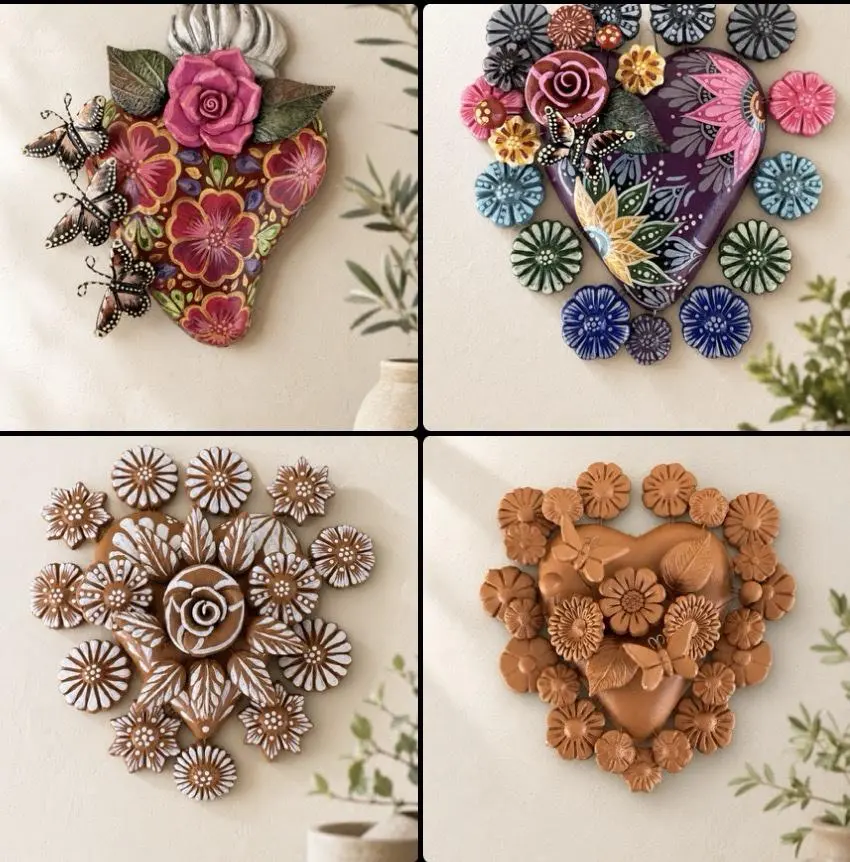 Clay Heart Wall Hanging Handmade Metepec, Mexican Folk Art Floral Decor Copy