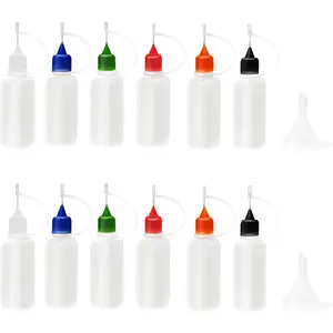 12 Pcs 0.5 Ounce Precision Tip Applicator Bottles, 6 Color Needle Tip Glue Bottles for DIY Paper Quilling Craft, with 2 Mini Funnel, 15ML