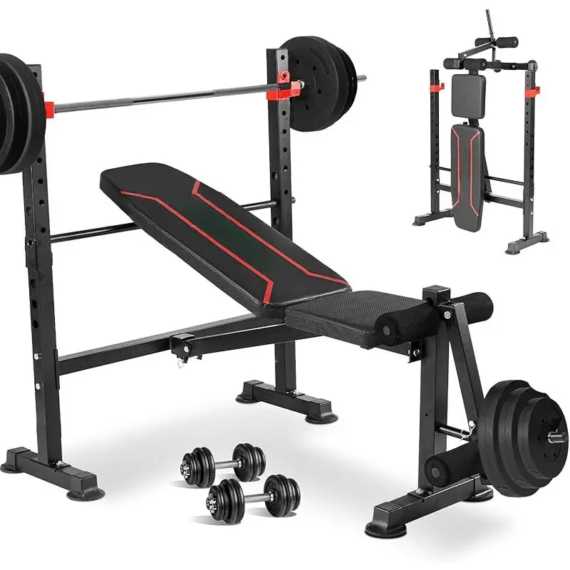 1500LB 8 IN 1 Weight Bench with Lat Pulldown and Leg Extension/Curl, Foldable Bench Press with Preacher Curl & Rack, Workout Benches with Safety Bar Catches for Home Gym(US Stock)