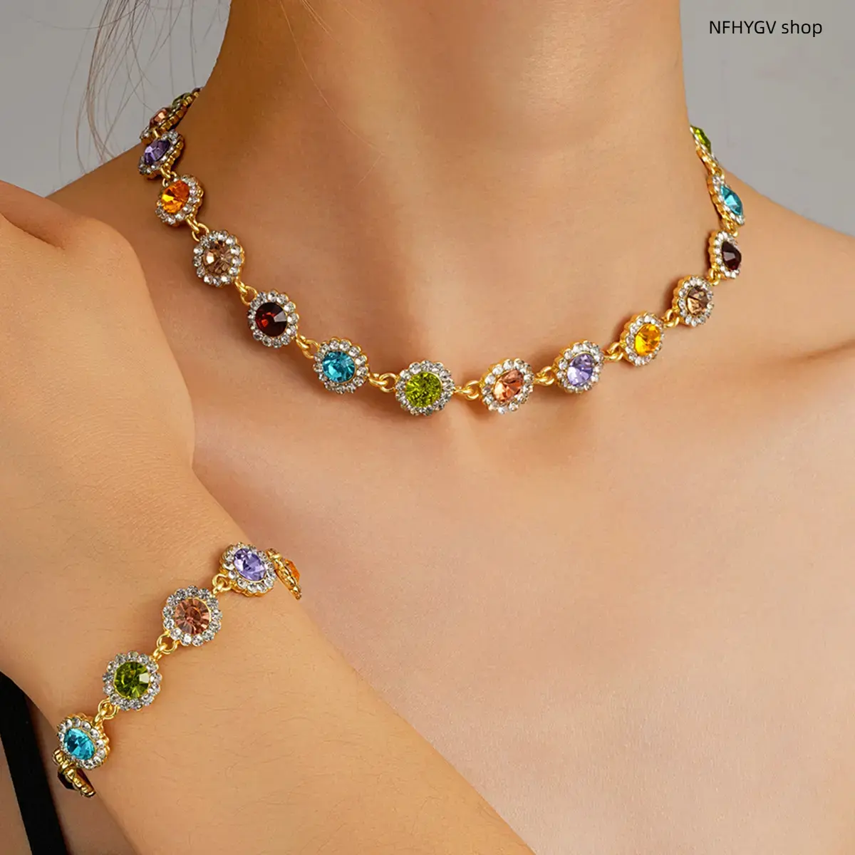 Jewelry Sets, Womens 2-Piece Zircon Necklace And Bracelet Combo In Multi Tones, Classic Matching Daily Accessories For Casual Outings, Outdoor Activities And Holiday Gifting