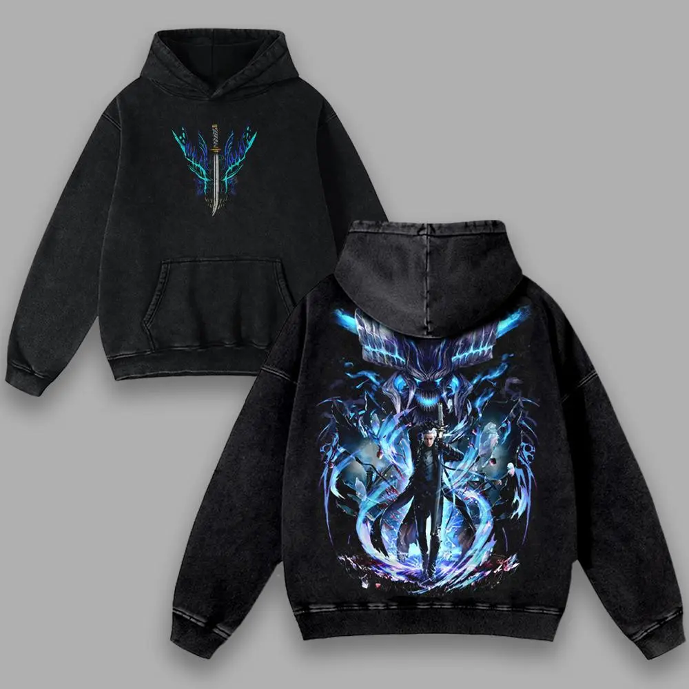 Devil May Cry Vergil the omega and alpha king son of sparda Anime Manga Clothes game Vintage Cotton 2 sided Washed Tshirt, Hoodie graphic Tee Top streetwear unisex shirt