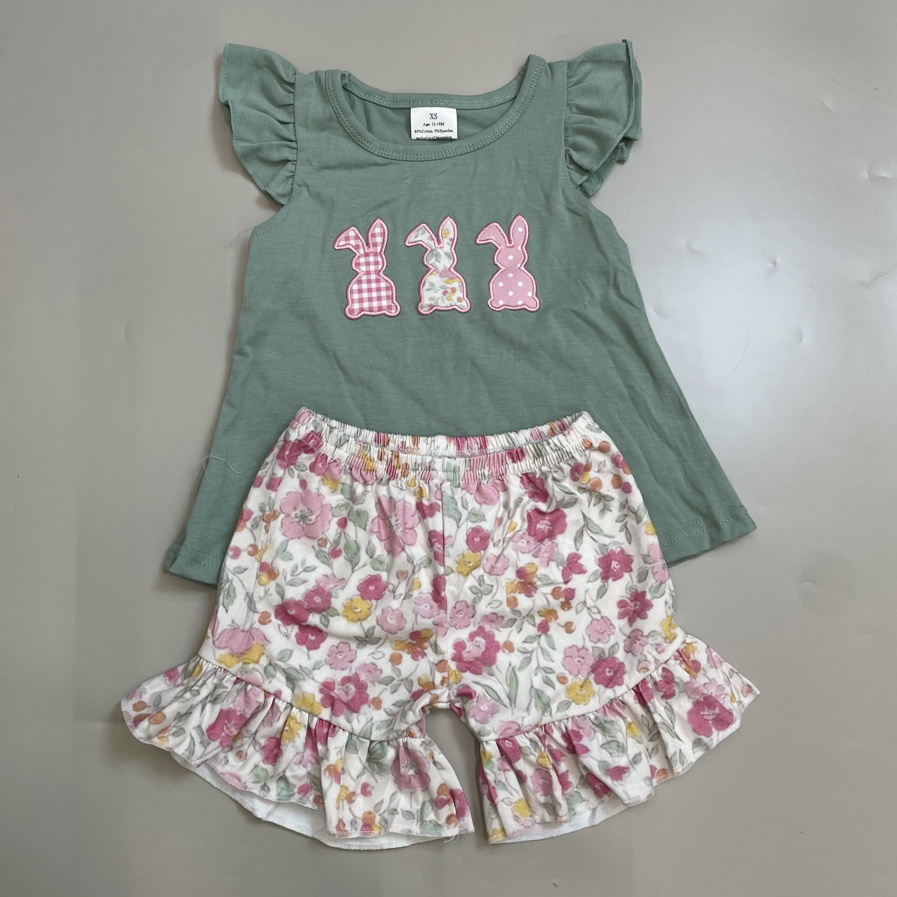 Girls' Easter Outfit, 2-Piece Casual Cotton Set with Cowl Neck Top and Floral Bunny Ruffled Edge Bell Bottom Pants, Baby Girl Clothes, Casual Fashion Set, Chain Detail, Slight Stretch, Soft Cotton