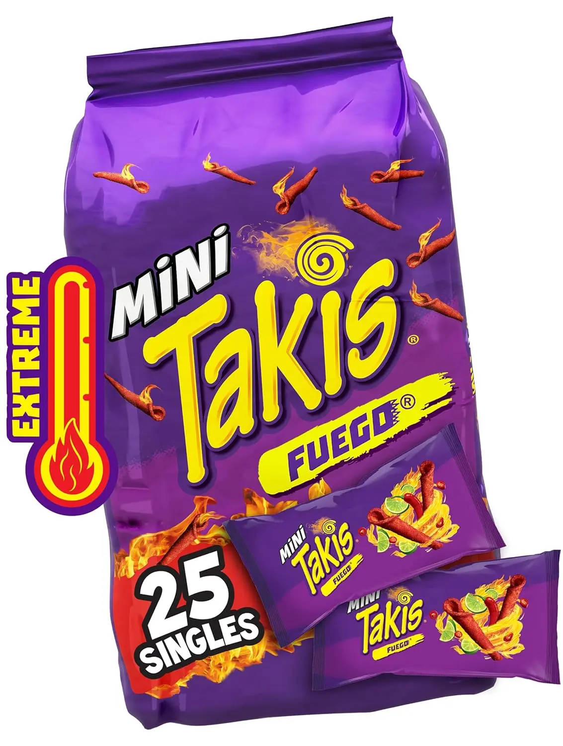 Takis Fuego Crunchy Mini Corn Tortilla Chips Multipack - 25 Bite-Size Rolled Pieces, 1.23 oz, Extreme Spice Hot Chili Pepper & Lime Flavor, Vegetarian Cupboard Snack, 24-Month Shelf Life