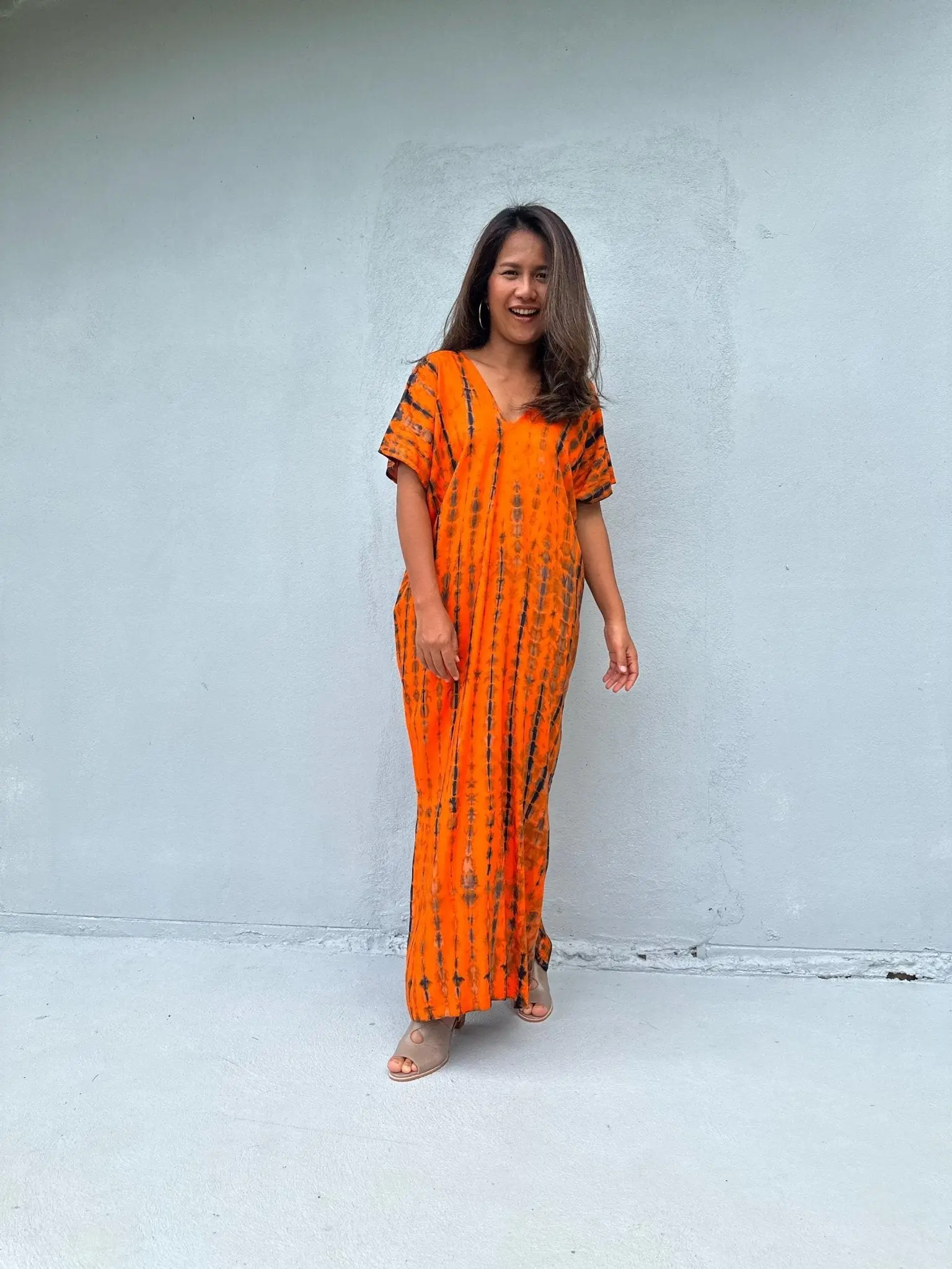 Women's Petite Kaftan Dress - Soft Rayon Fabric, 24" Width, Fluid Drape, 1-of-a-Kind Orange Tie Dye, Proportional Fit, Statement Look for Travel & Casual Wear, Travel Wear, One-Of-A-Kind