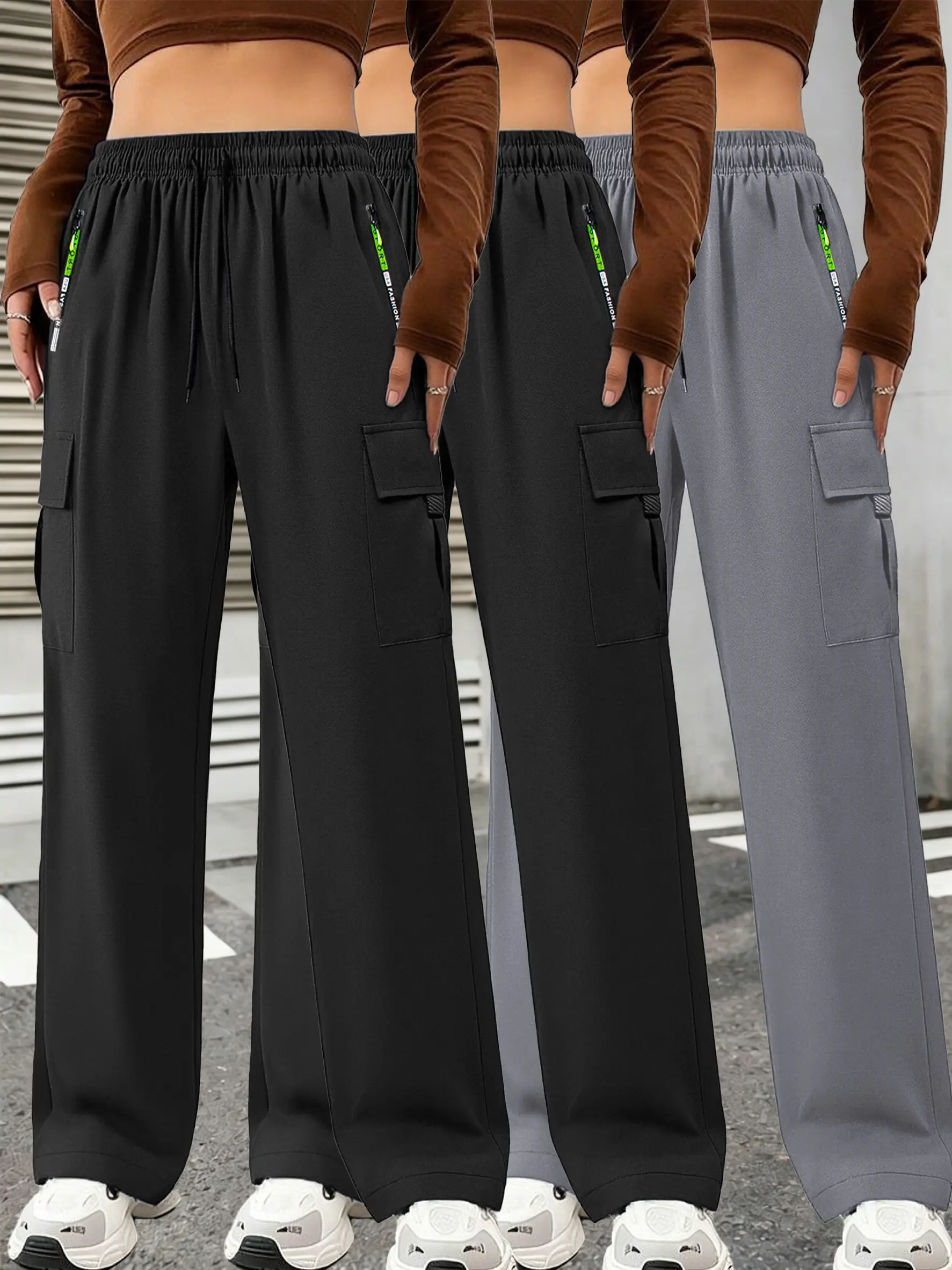 Women’s 3-piece quick-dry cargo pants set with elastic waist and wide legs, casual streetwear long pants suitable for outdoor sports, ideal for all seasons.