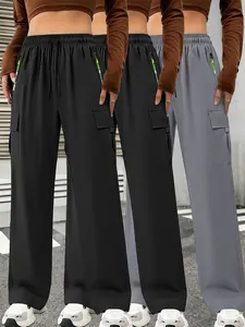 Women’s 3-piece quick-dry cargo pants set with elastic waist and wide legs, casual streetwear long pants suitable for outdoor sports, ideal for all seasons.