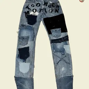 TOO MUCH MOTION ️ 1 of 1 handmade custom WOMENS’ JEANS  - SIZE: 34 x 34 - FIT: relaxed, straight leg and stacked #y2k #1of1 #handmade #custom #opium Blue Black Cotton - Recycled Streetwear, Skater, Y2K, Modern, Custom, handmade